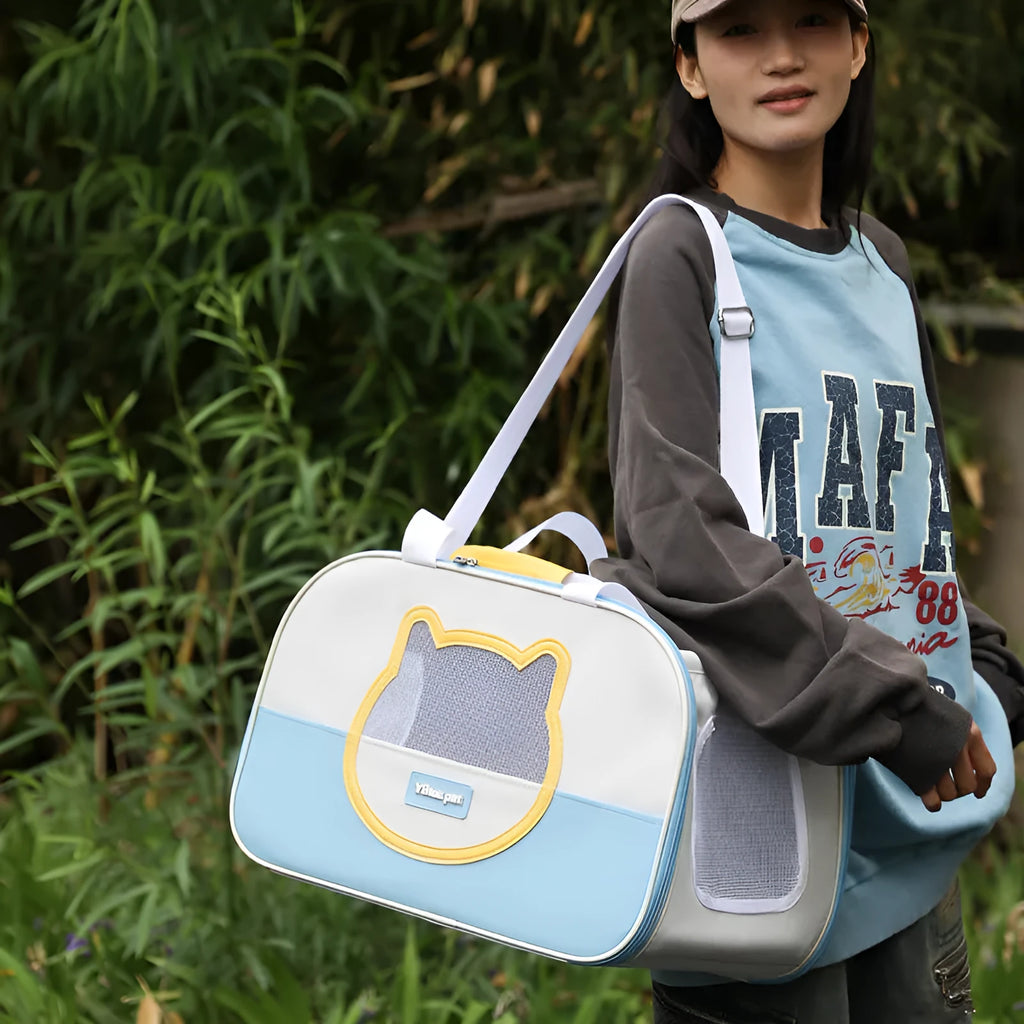 Outdoor foldable cat school backpack in oxford cloth, shown in a blue colour variant.