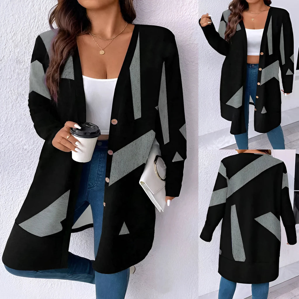Black plus size casual cardigan coat with button stitching printing detail and loose fit
