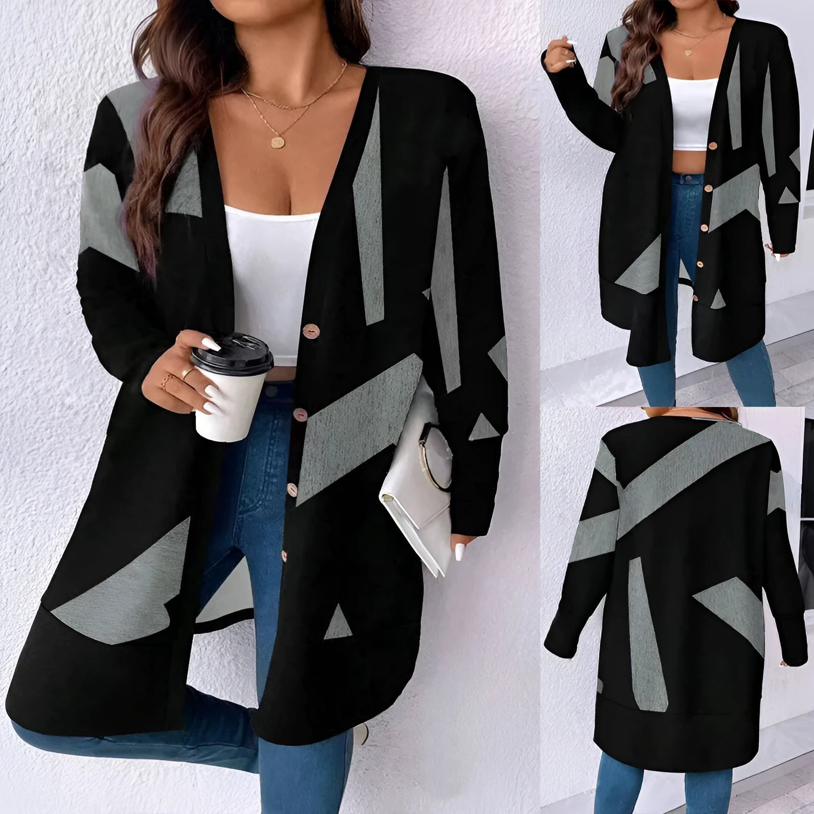 Black plus size casual cardigan coat with button stitching printing detail and loose fit