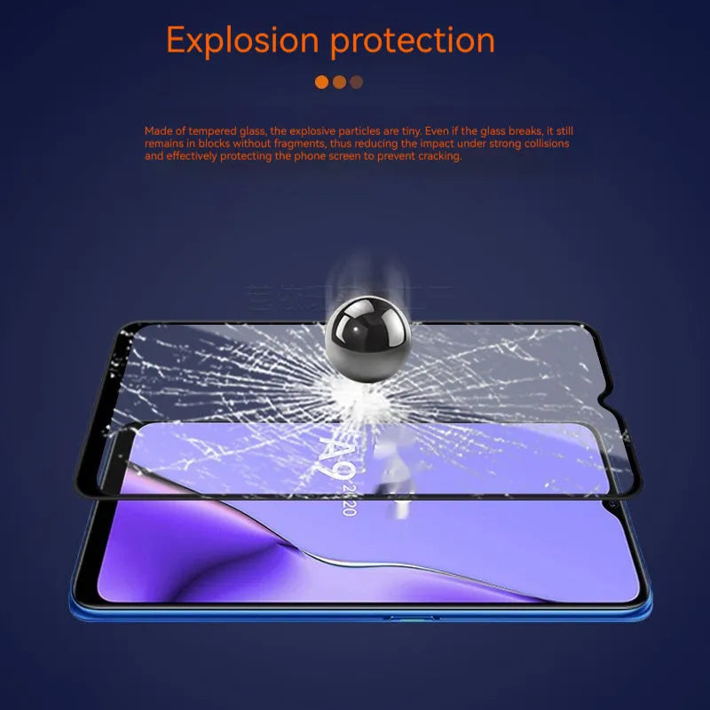 OPPO A9 2020 full screen tempered glass screen protector with black edges and anti-fingerprint coating