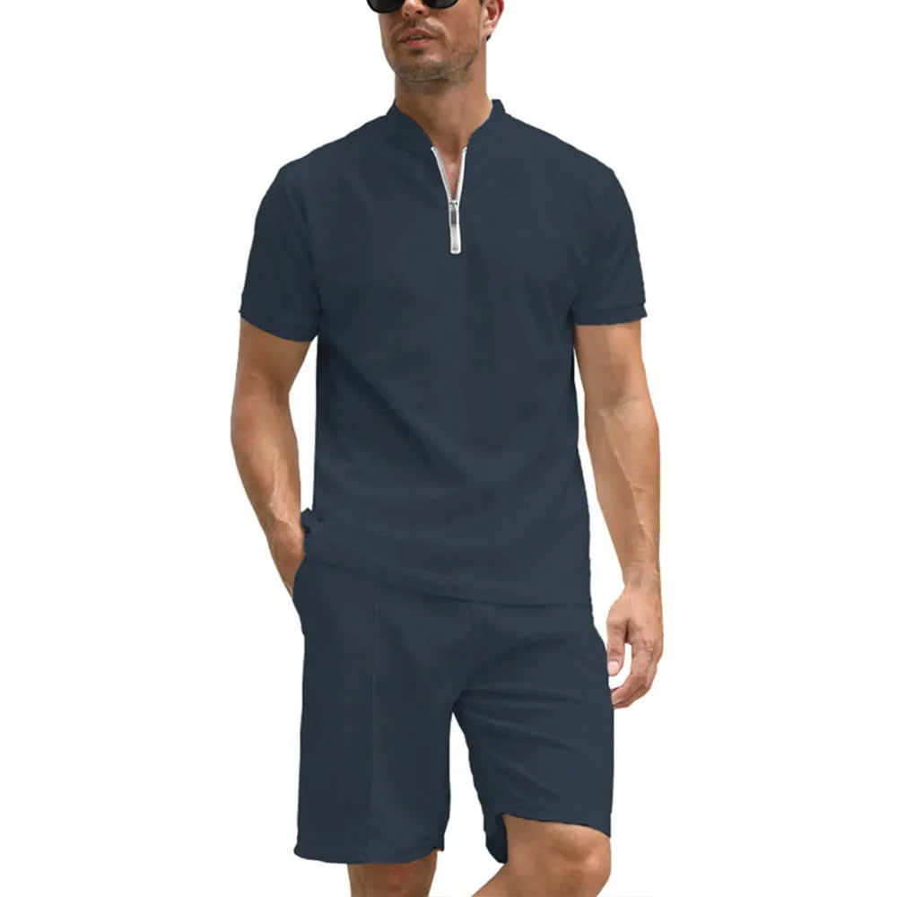 Men's solid colour polo shirt and trouser two-piece casual suit set.