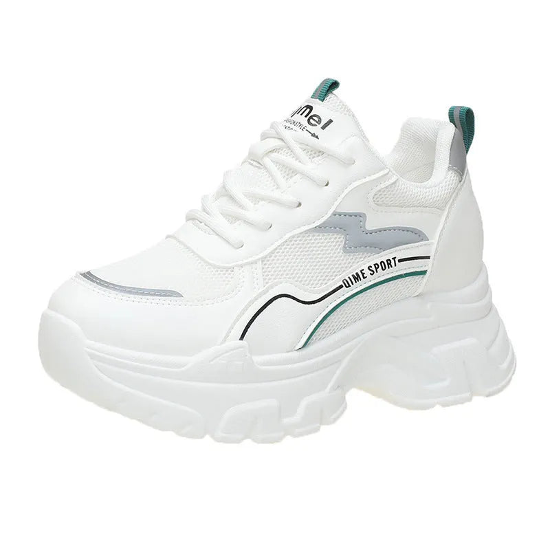 Women's white beige height increasing dad shoes with mesh upper and cross straps.