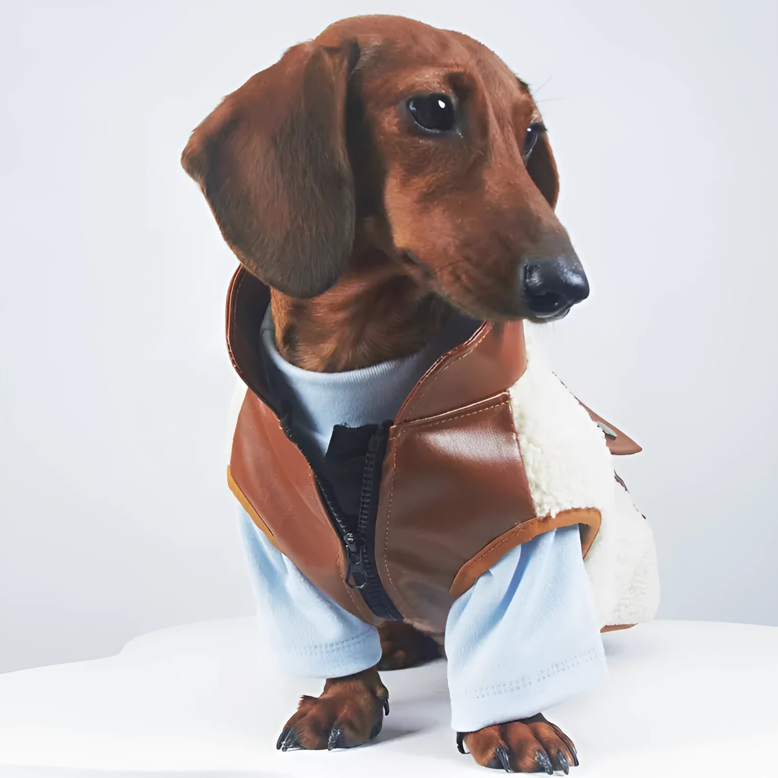Dog or cat wearing a lambswool autumn winter coat with small leather pocket in black colour