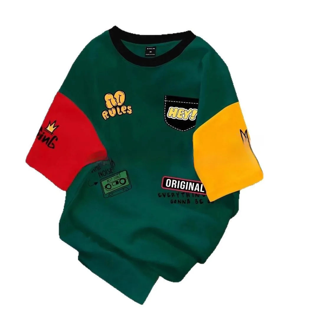 Men's loose fit casual t-shirt with a printed letter design on the front, available in various colour combinations.