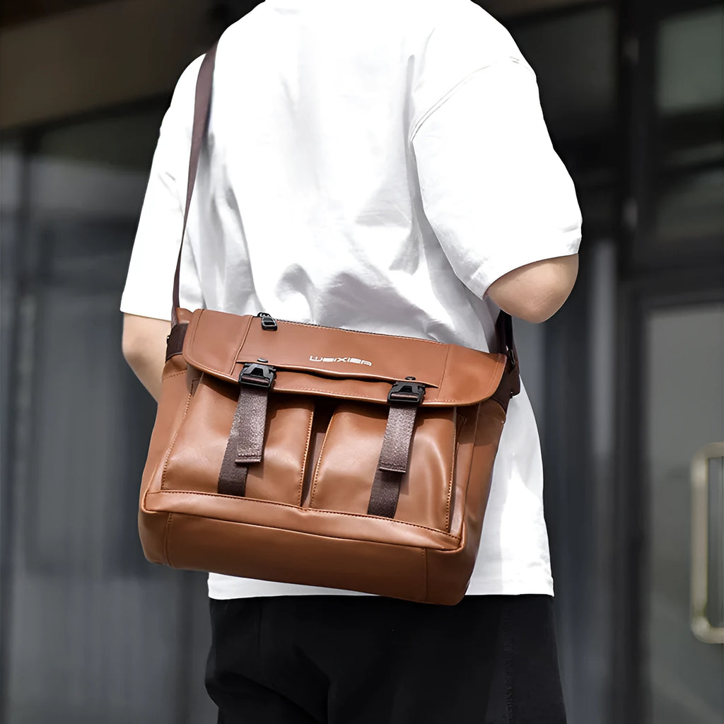 Men's black PU leather messenger bag with crossbody strap and large capacity for business travel