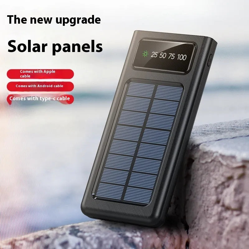 Black solar power bank with 20000mAh capacity and built-in charging cable for mobile phones