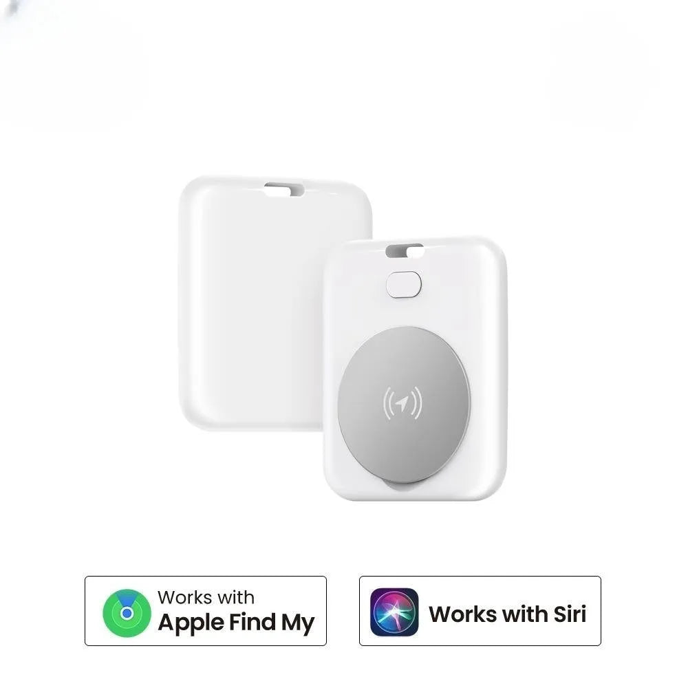 White ABS plastic pet tracking device for Apple users showing portable design