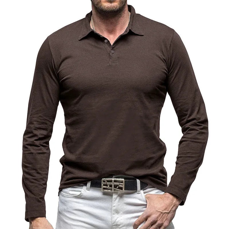 Men's cotton t-shirt with a polo collar and long sleeves in an American retro style.