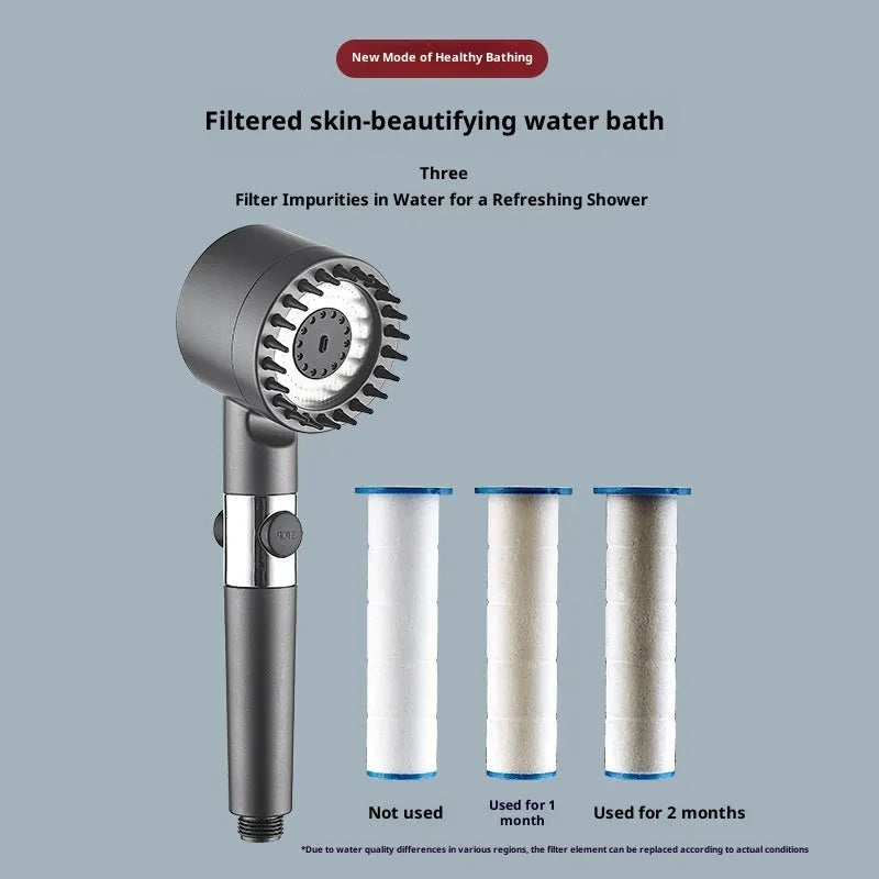 Supercharged handheld shower head set in grey finish with LED lighting and universal interface on stainless steel pipe