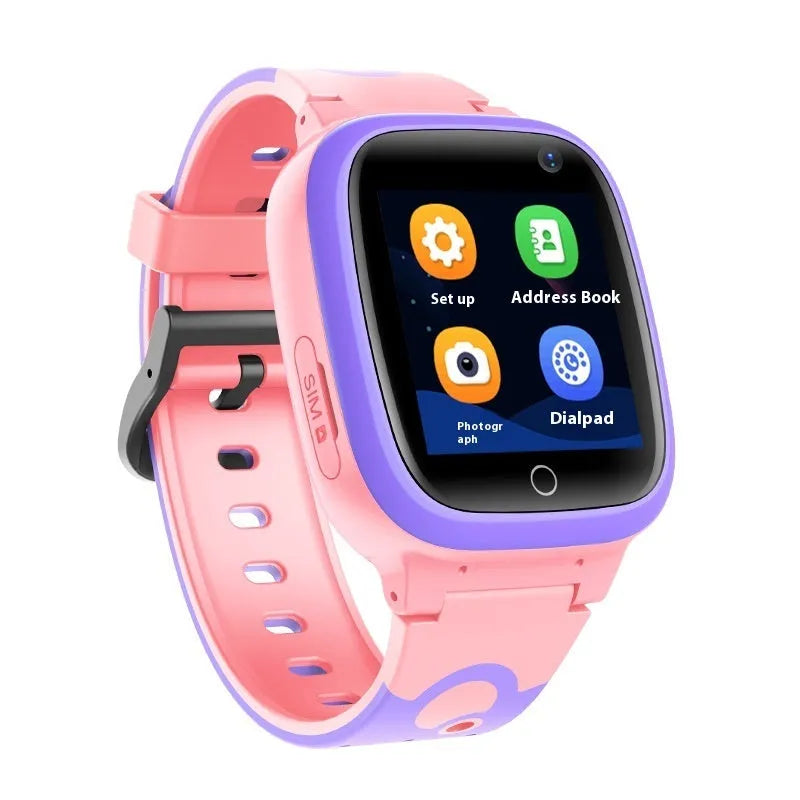 Children's smart positioning watch with 1.44 screen, waterproof silicone ABS strap, touch button, pink or blue.