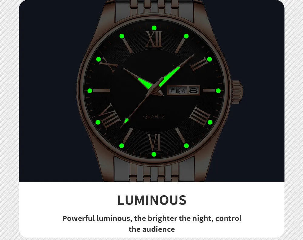 Steel belt quartz watch with stainless steel strap, alloy case, and 30M waterproof rating in black rose and silver colourways