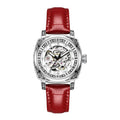 Mechanical watch with luminous hands and a black leather strap, showing 10m water resistance.