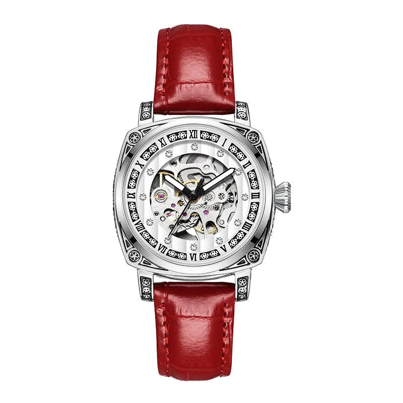 Mechanical watch with luminous hands and a black leather strap, showing 10m water resistance.