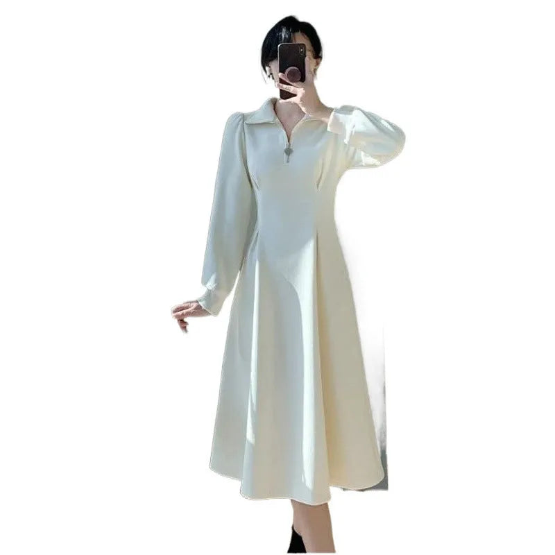 Women's waist-cinching slim fit long sleeve midi dress in beige with baby fleece, Japanese Korean casual style, polyester fabric, high waist, zipper closure