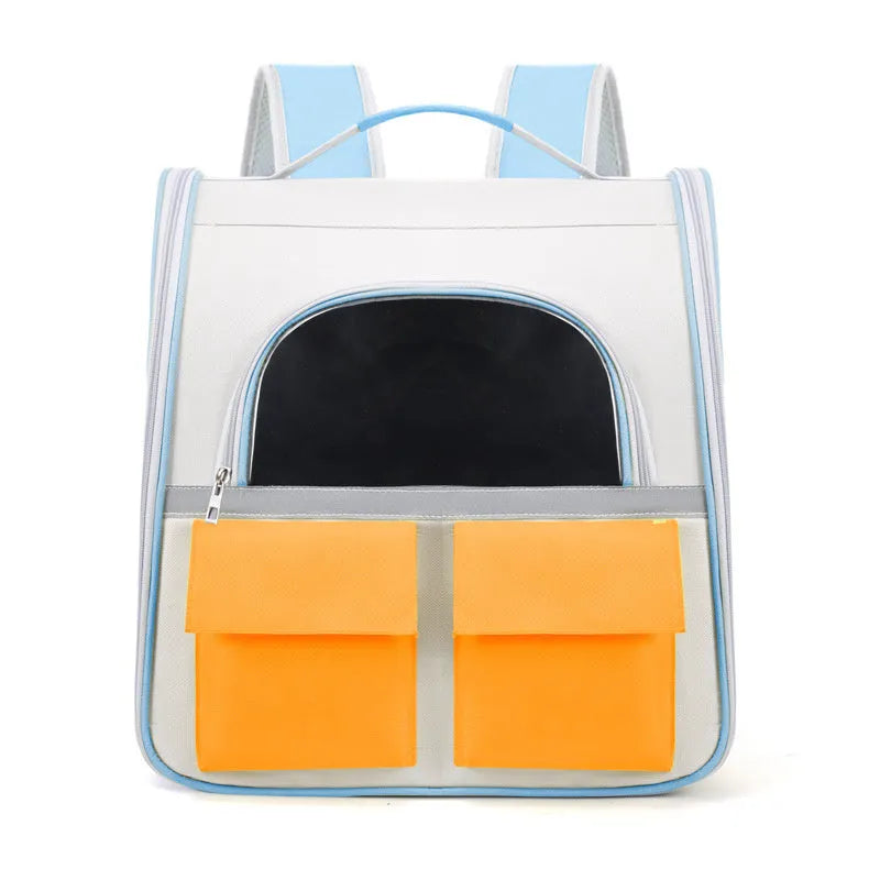 Cat backpack with transparent acrylic front and Oxford cloth body in white and yellow colour scheme
