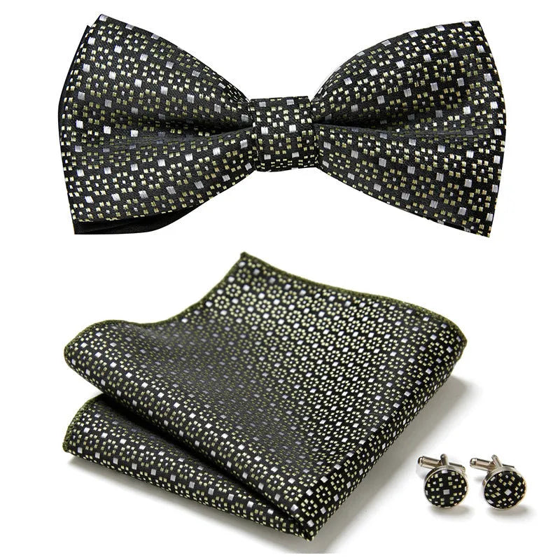 Floral Bow Tie Set of Three Pieces Polyester Yarn Hand-Sewn 12cm by 6cm Bow Tie with Matching Pocket Square 25x25cm and Cufflinks 1.5cm for Men's Formal Wedding and Party Accessories Multistyle Options