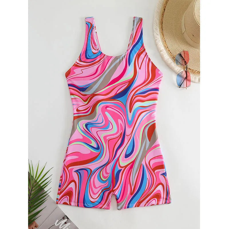 Women's printed polyester one-piece swimsuit with high waist and backless design in two pattern options