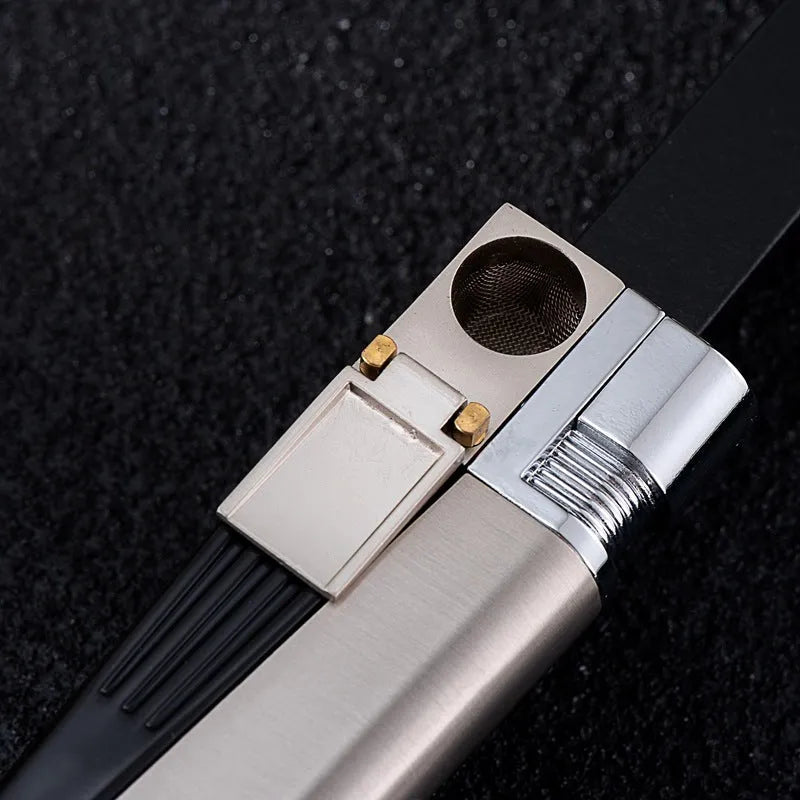 Refillable metal pipe lighter with foldable design showing silver square cover and compact 9.2cm size