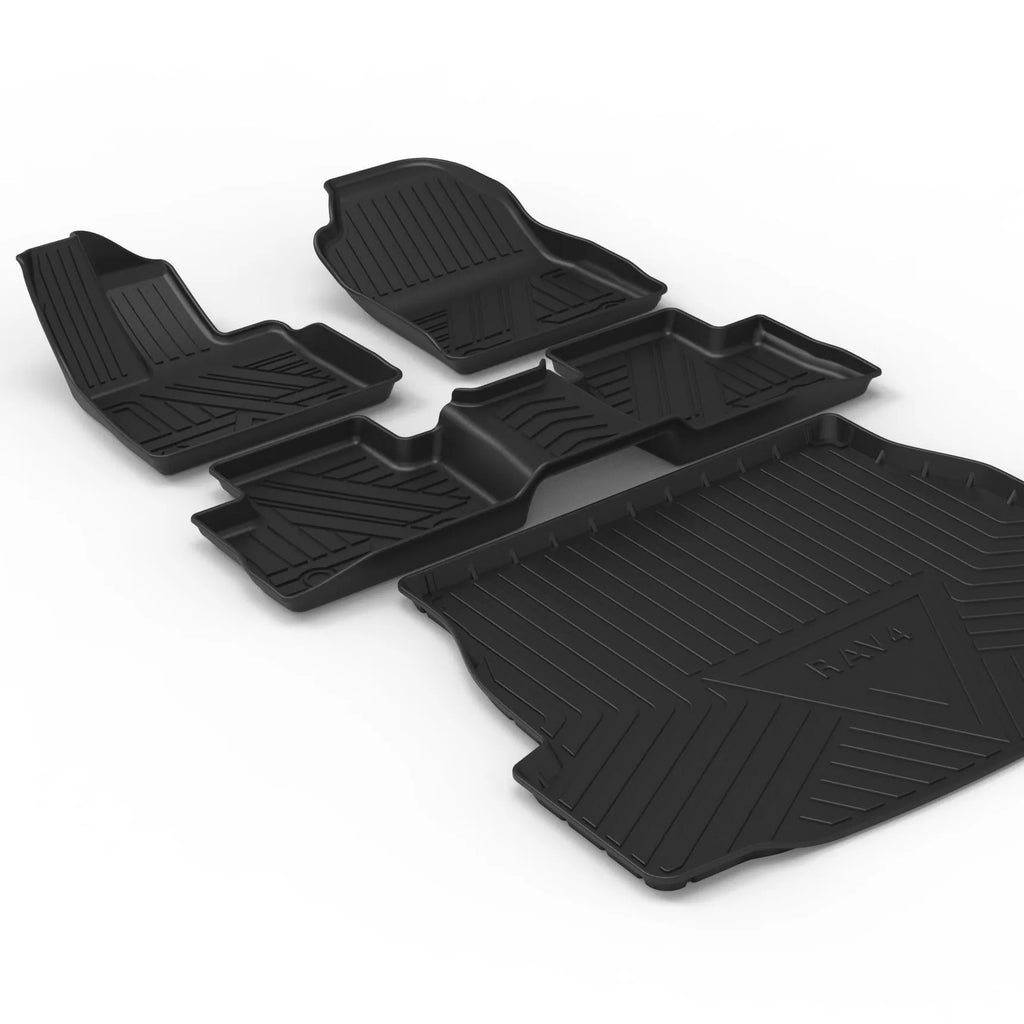 Black TPE car boot liner with carbon fibre texture pattern for specific vehicle models.