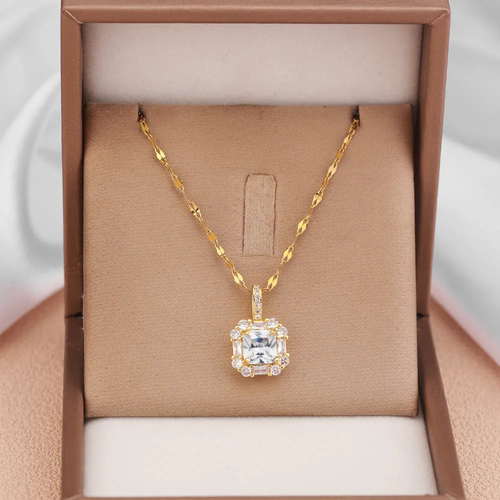 Gold titanium steel clavicle chain with quadrilateral zircon pendant on water wave chain