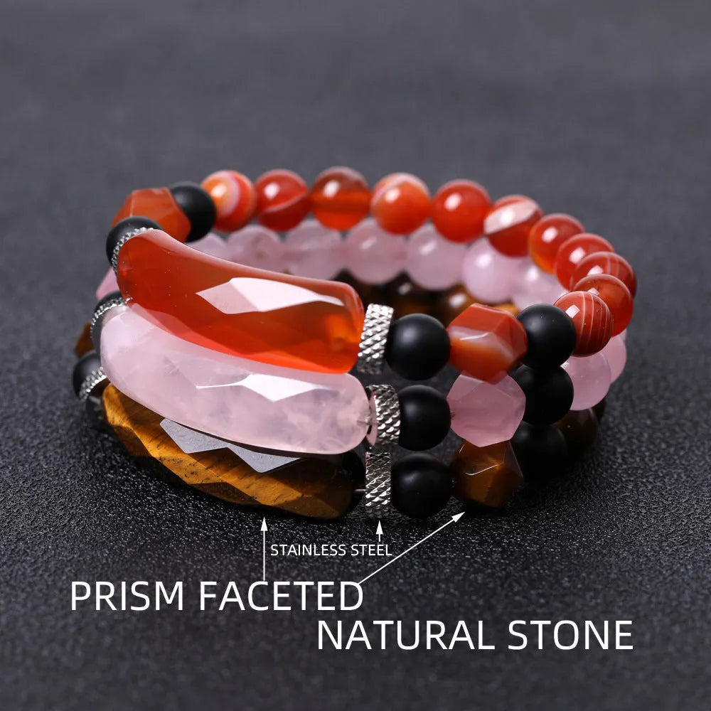 Handmade diamond-cut geometric agate bracelet with faceted beads and fan-shaped design elements