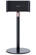 Black adjustable metal tablet mounting bracket with a telescopic arm extended, holding an 11-inch tablet.
