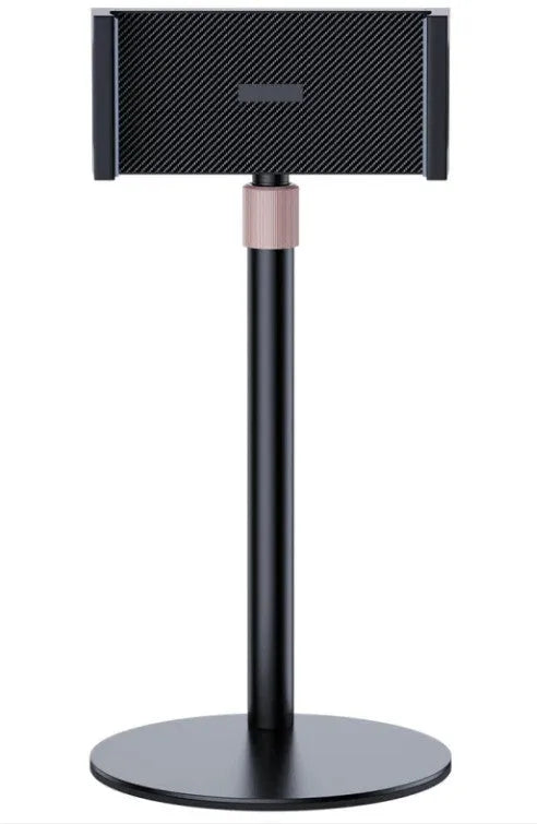 Black adjustable metal tablet mounting bracket with a telescopic arm extended, holding an 11-inch tablet.