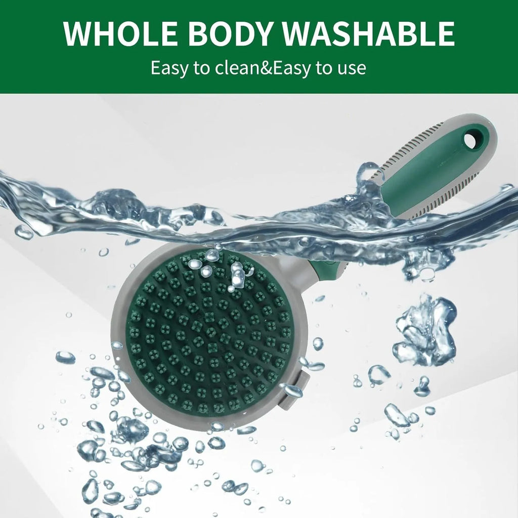 Green and pink dual-sided pet brush with slicker pins on one side and silicone massage pins on the other