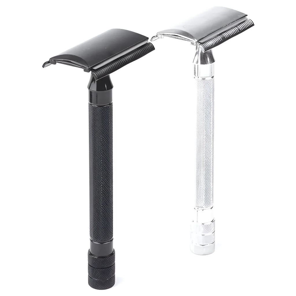 Traditional manual beard shaver with metal scraper and wooden brush grooming kit