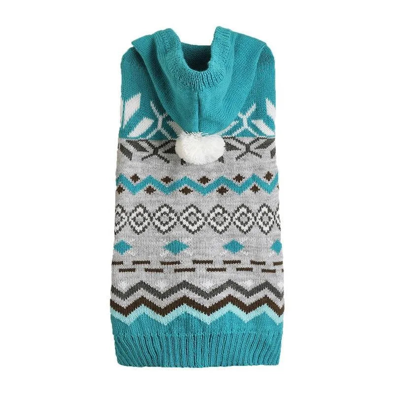 Blue diamond pattern acrylic pet sweater on a dog, showing classic knit design.