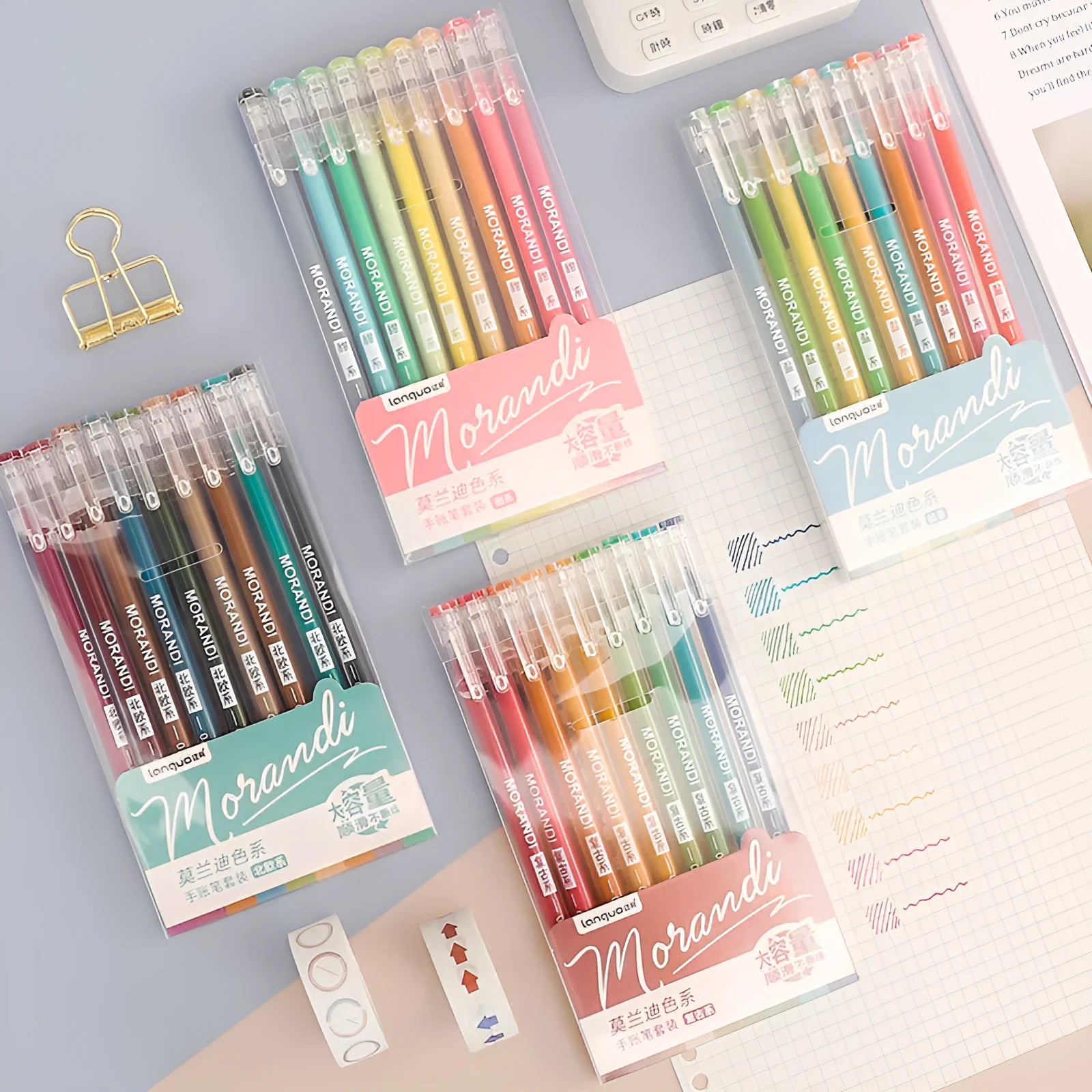 Set of nine solid colour gel pens with 0.5mm needle tips, packaged in a compact box.