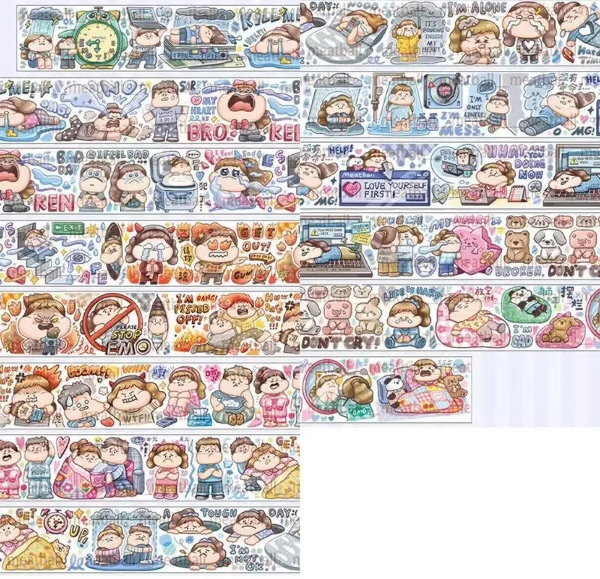 Sheet of cute cartoon character adhesive stickers printed on Japanese paper for medical packaging.