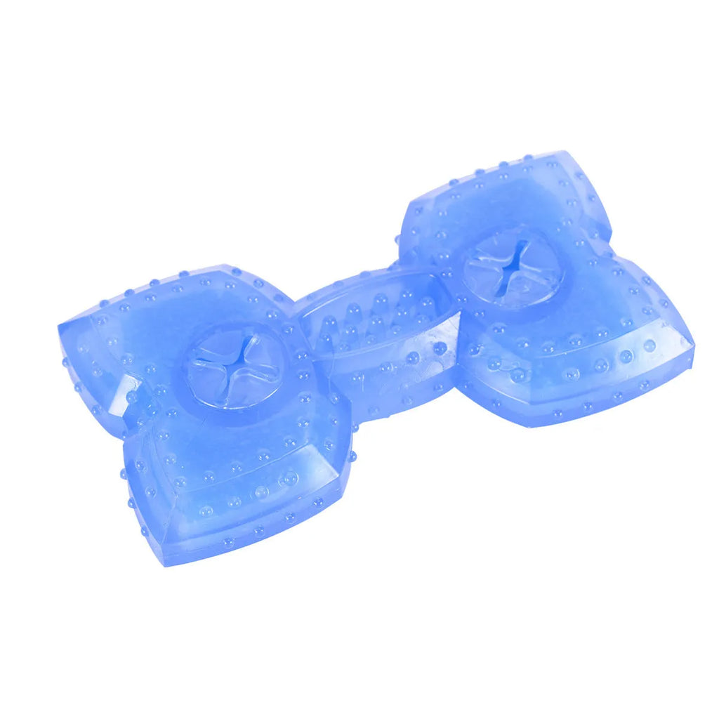 A freezable bone or circle-shaped dog chew toy, shown with treats, designed for cooling and teething relief.