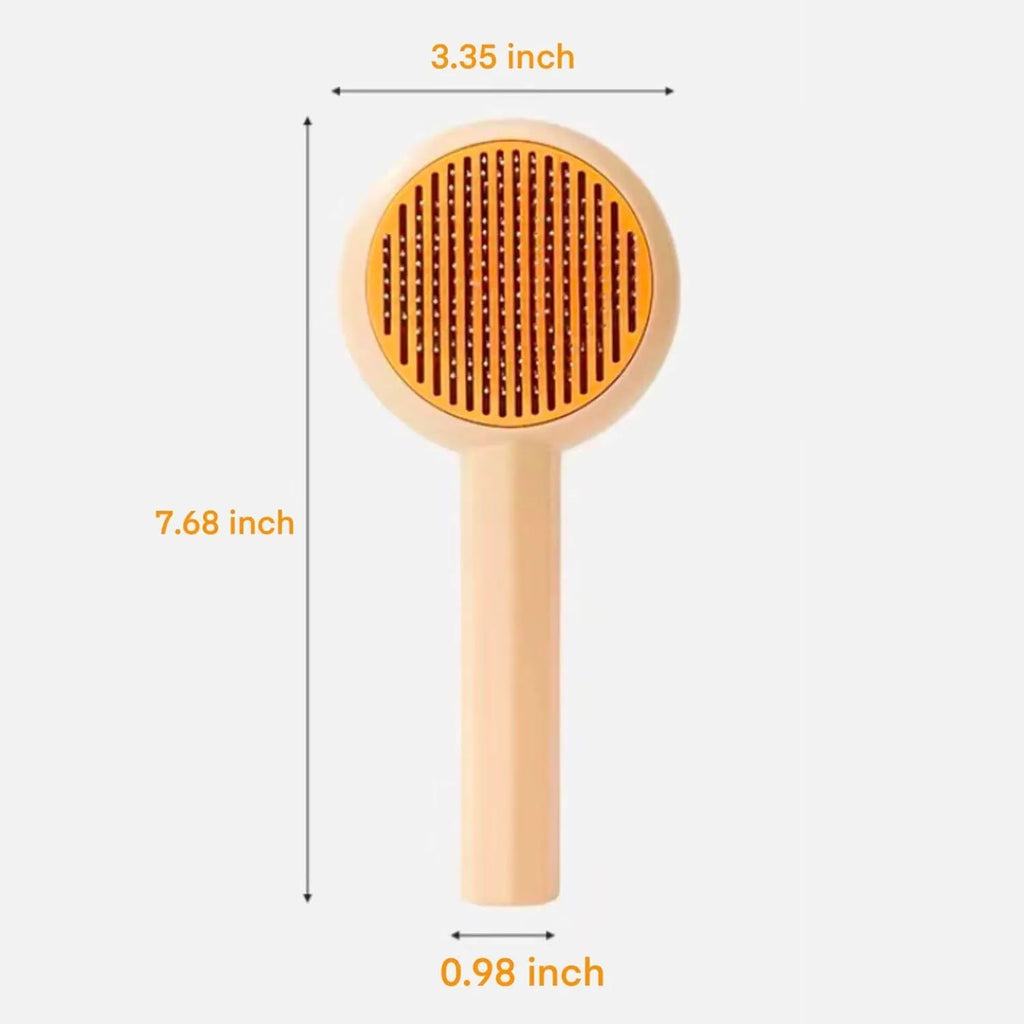 Blue and yellow pet deshedding brush with metal pins and a self-cleaning button on the handle.