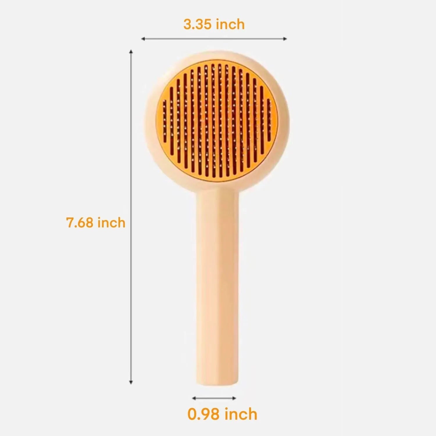 Blue and yellow pet deshedding brush with metal pins and a self-cleaning button on the handle.