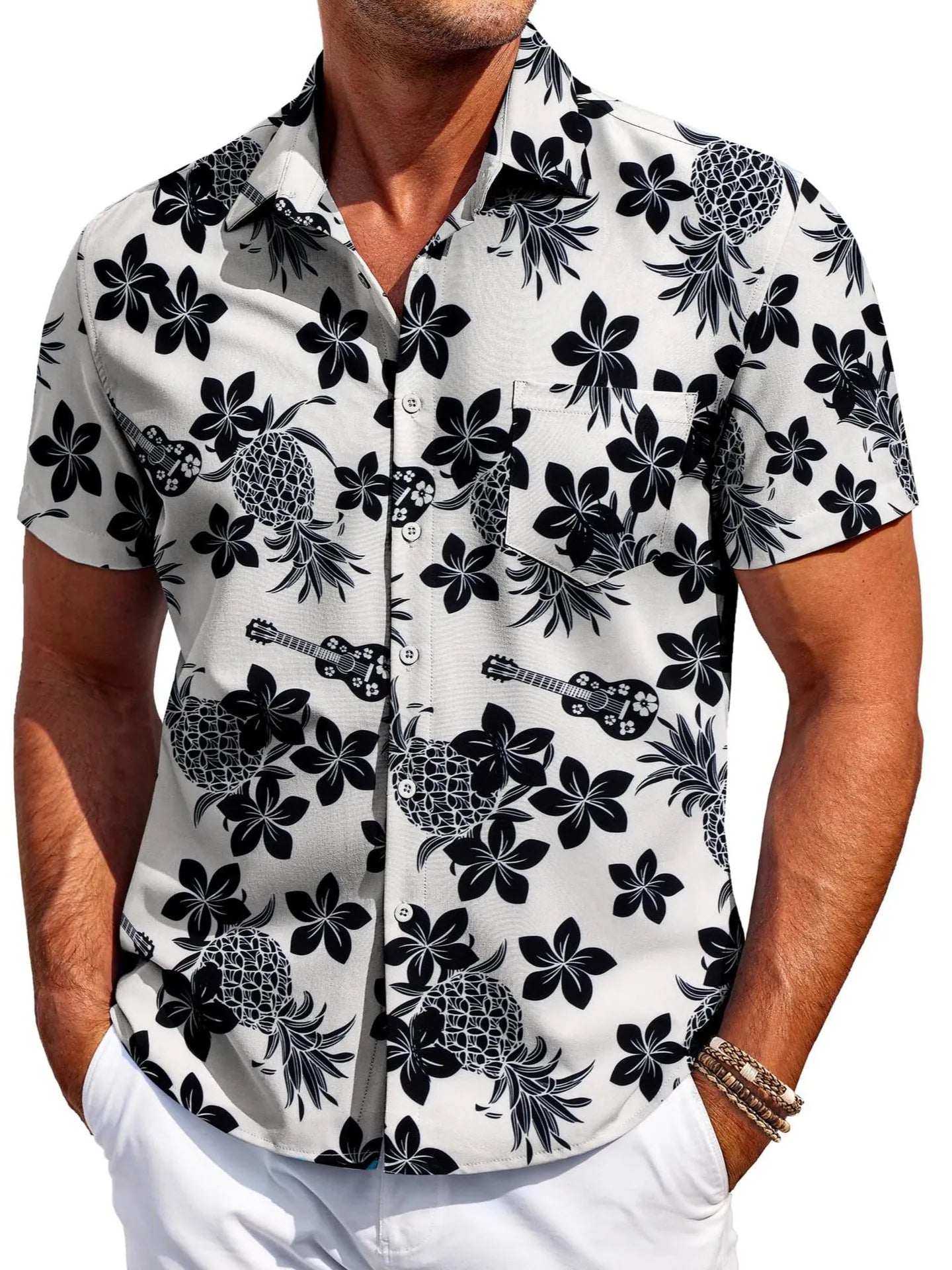 A man's slim-fit short-sleeve Hawaiian shirt in a cardigan style, available in multiple colours.