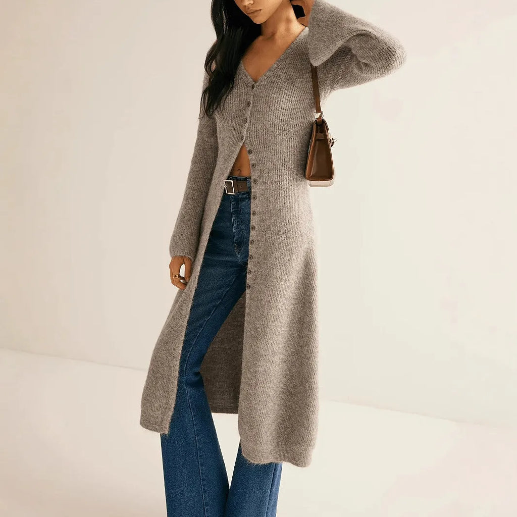 Khaki coloured long sleeve womens cardigan coat with button front in a French retro style.