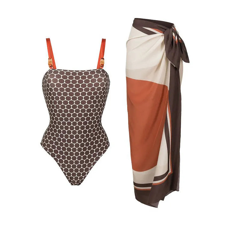 Women's dot print one-piece swimsuit with matching wrap skirt set