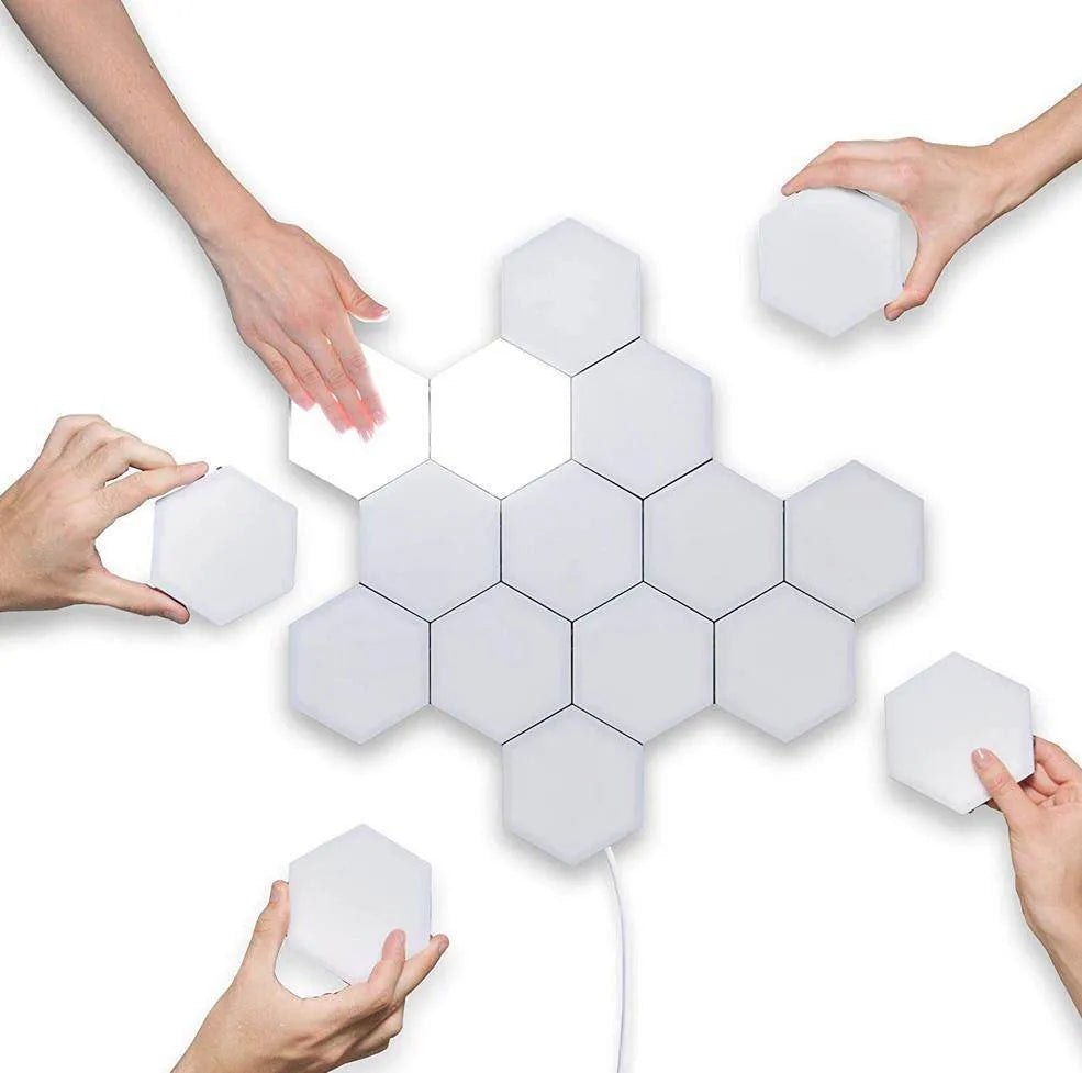 Helios modular honeycomb wall lamp panels in assembled geometric pattern with touch activation