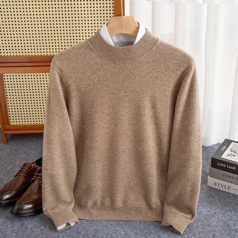 Men's half-collar wool sweater in loose fit showing colour options including black, brown and camel