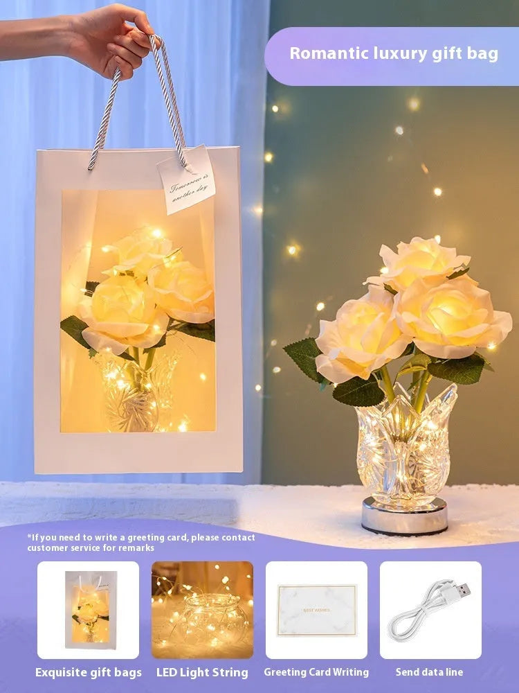 Crystal flowers design table lamp with touch dimming control and USB charging cable