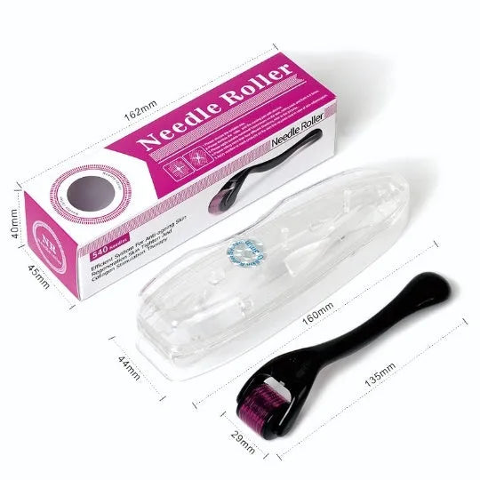 Close-up of a black derma roller with 540 titanium microneedles, shown with size options from 0.2mm to 1.0mm.