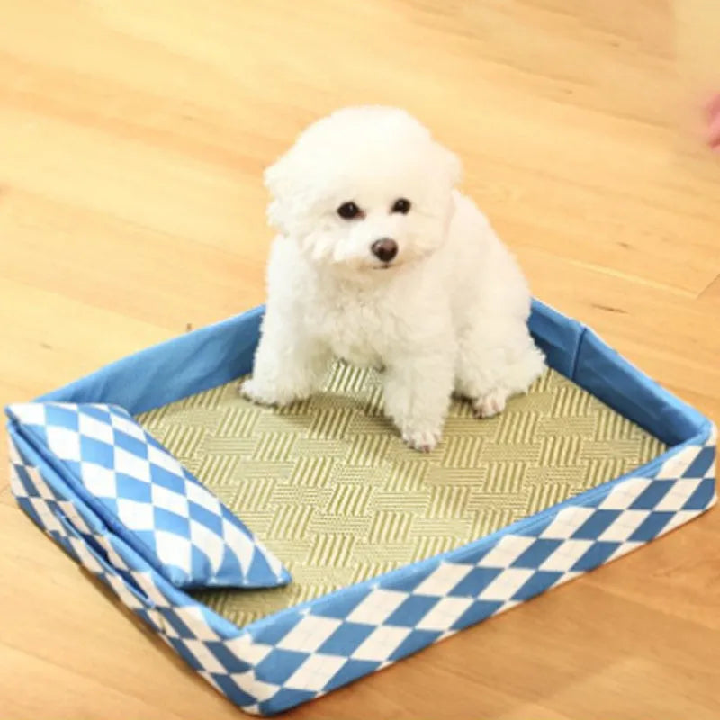 Blue rattan mat cat bed in size L, a non-removable pet sleeping nest on a wooden floor.