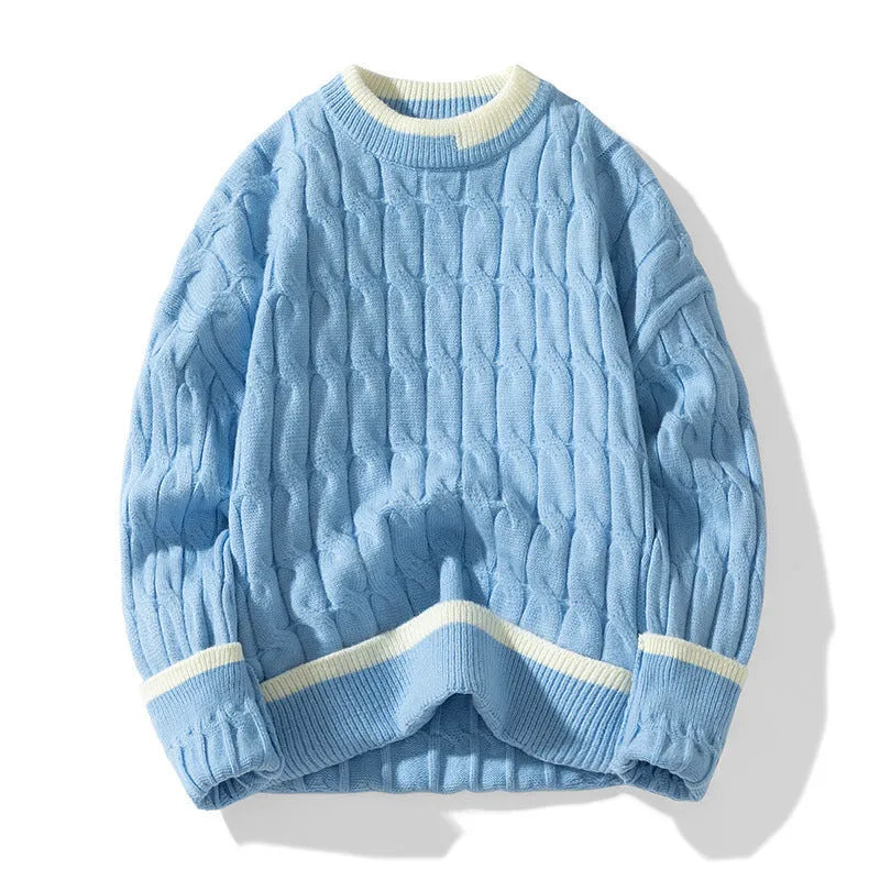 Men's loose fit grey acrylic and modal pullover sweater with long sleeves on a hanger.