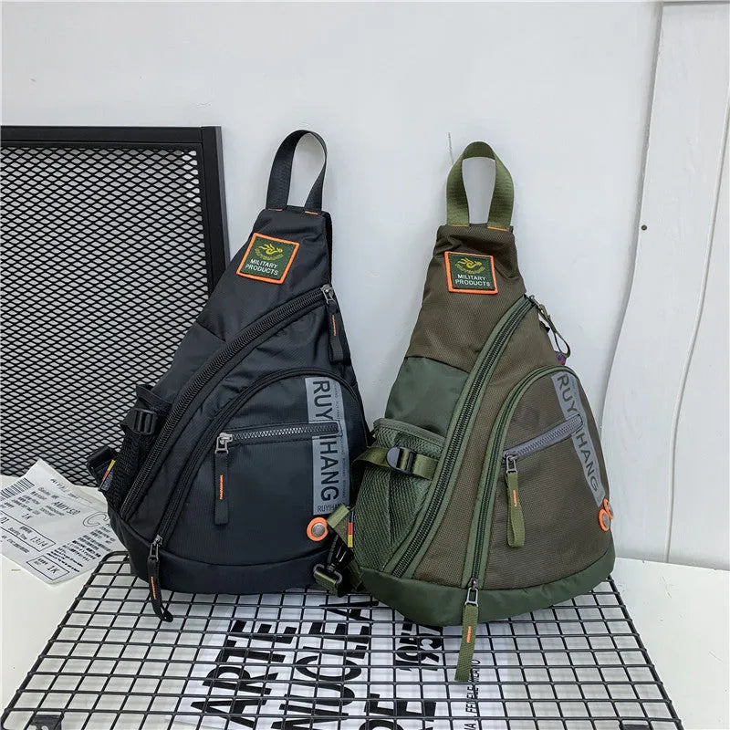 Unisex outdoor large capacity nylon chest bag in black with ventilation slots and adjustable strap