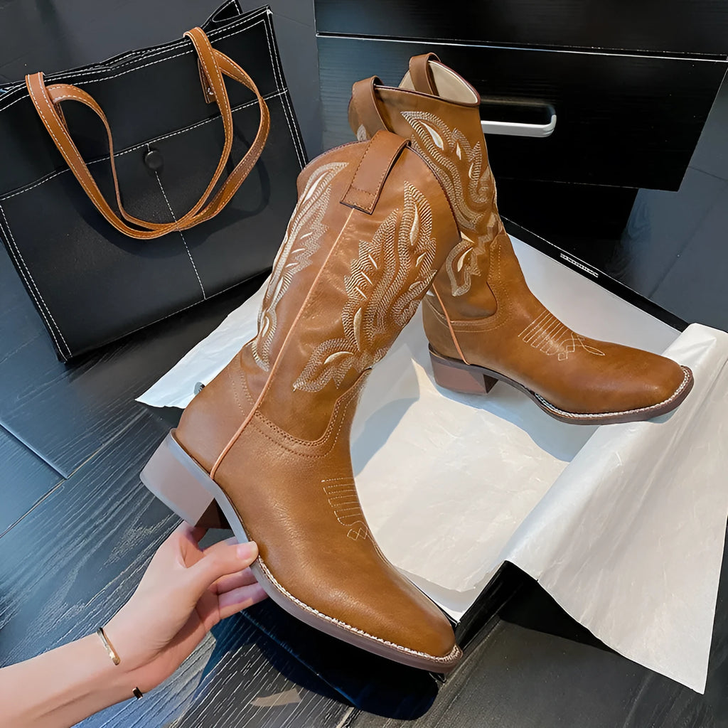 Brown women's mid-calf embroidered Martin boots with leather lining and square heel
