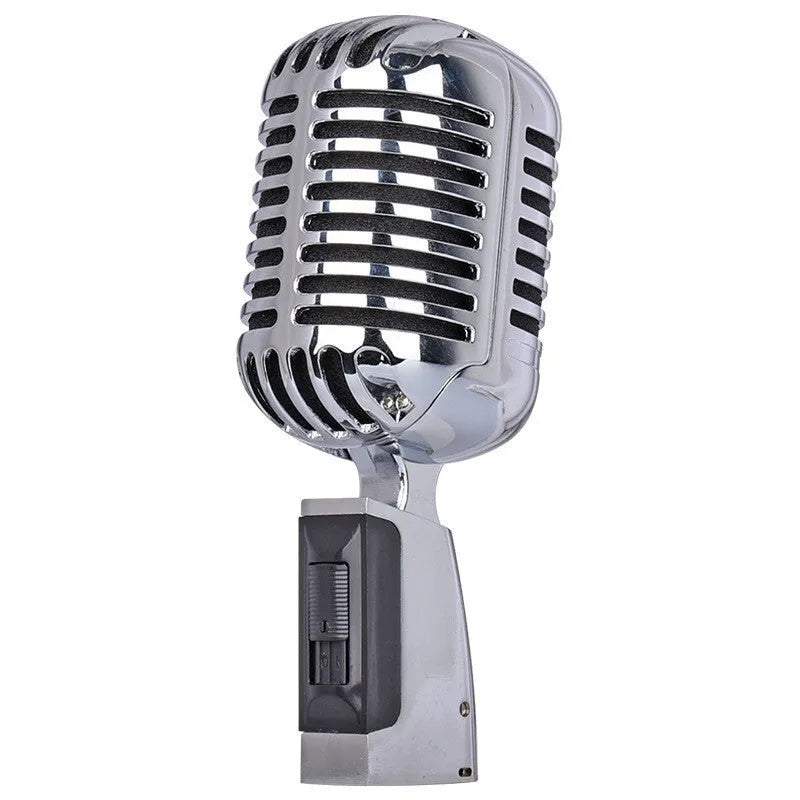 Retro style dynamic wired microphone in black or silver for stage and home karaoke use.
