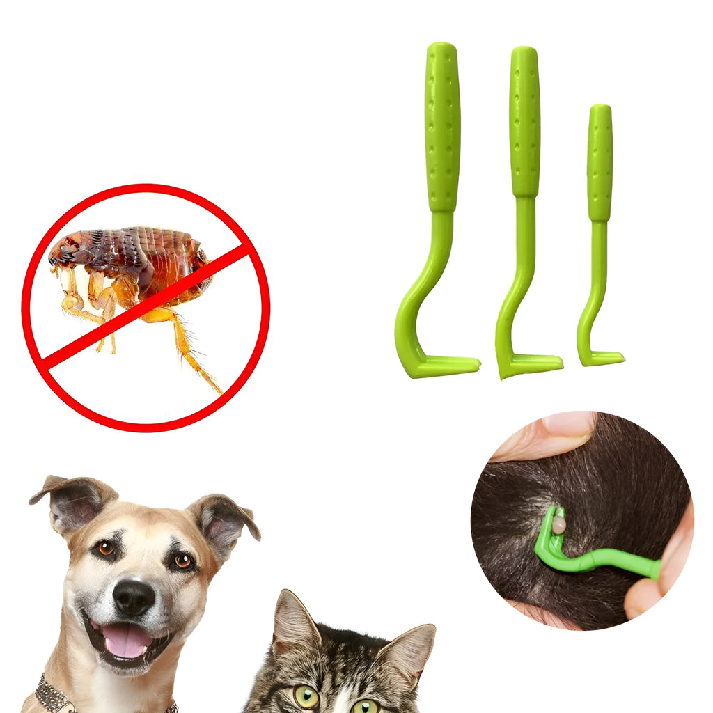 Set of three blue plastic tick removal hook tools for dogs and cats on a white background.