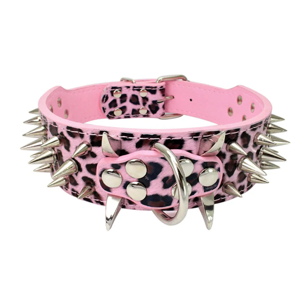 5cm black leather dog collar with black spikes and rivet hardware, adjustable large dog collar