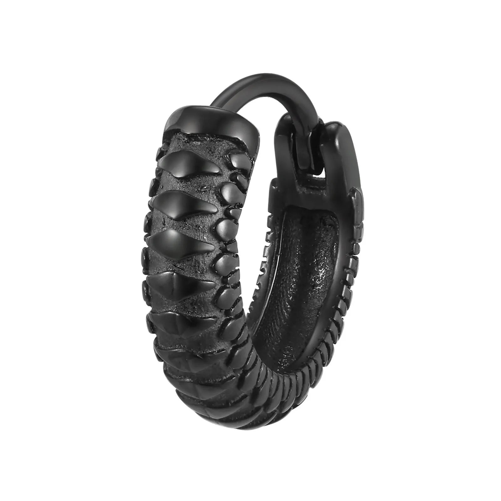 A pair of stainless steel hip hop ear rings with a snake pattern design in a black finish.